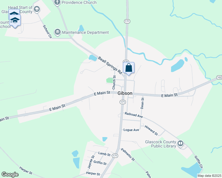map of restaurants, bars, coffee shops, grocery stores, and more near 102 West Main Street in Gibson