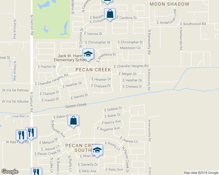 map of restaurants, bars, coffee shops, grocery stores, and more near 1289 East Chelsea Drive in Queen Creek