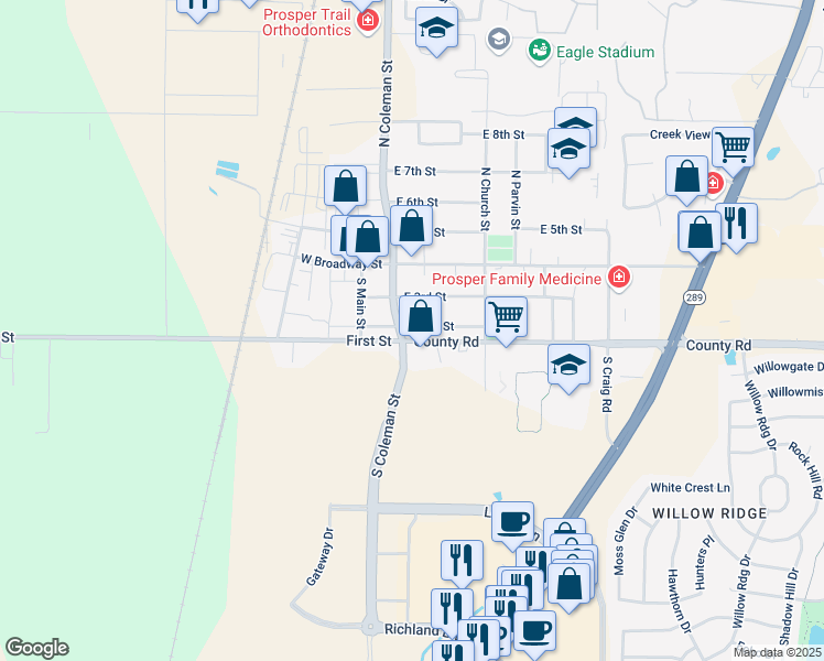 map of restaurants, bars, coffee shops, grocery stores, and more near 104 East 2nd Street in Prosper