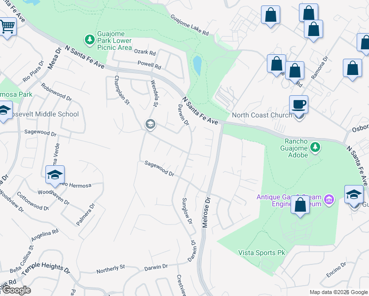 map of restaurants, bars, coffee shops, grocery stores, and more near 1556 Whispering Palm Drive in Oceanside