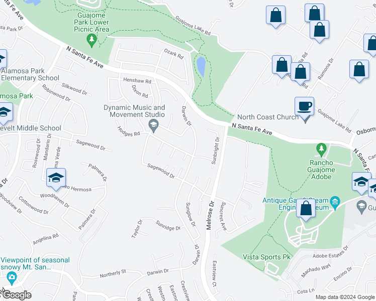 map of restaurants, bars, coffee shops, grocery stores, and more near 1556 Whispering Palm Drive in Oceanside