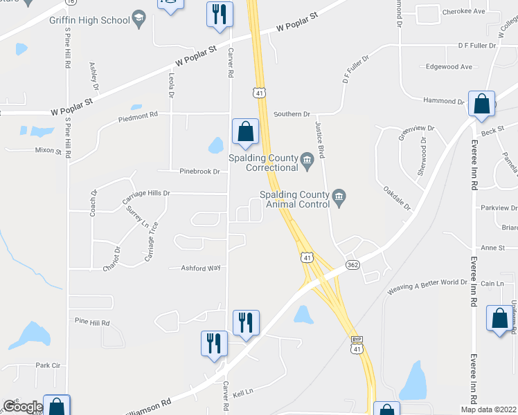 map of restaurants, bars, coffee shops, grocery stores, and more near 1547 Louise Anderson Drive in Griffin