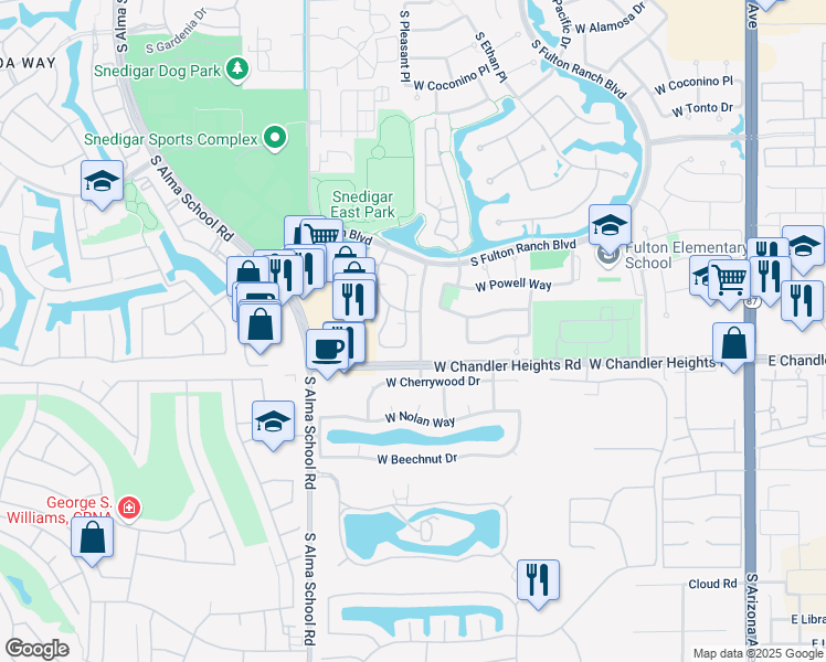 map of restaurants, bars, coffee shops, grocery stores, and more near Unnamed Road in Chandler