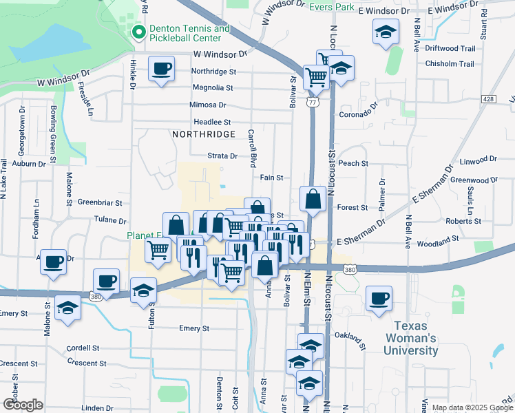 map of restaurants, bars, coffee shops, grocery stores, and more near 2204 North Carroll Boulevard in Denton