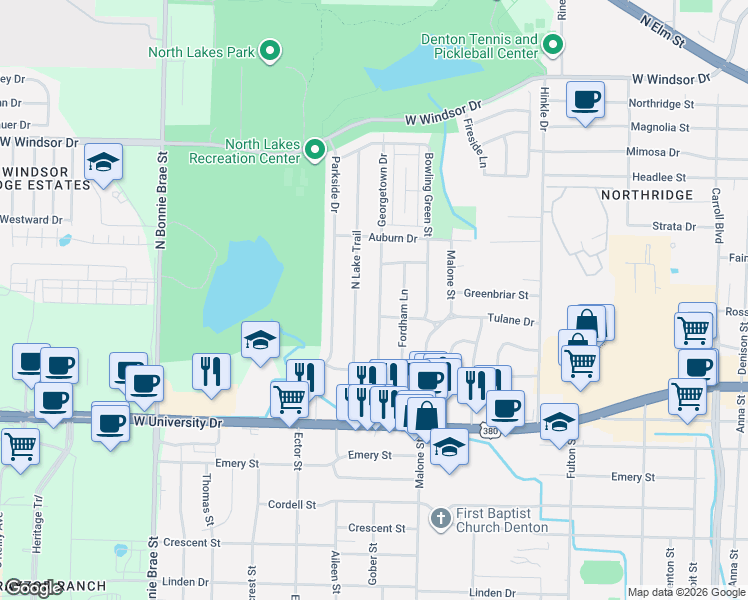 map of restaurants, bars, coffee shops, grocery stores, and more near 2000 North Lake Trail in Denton