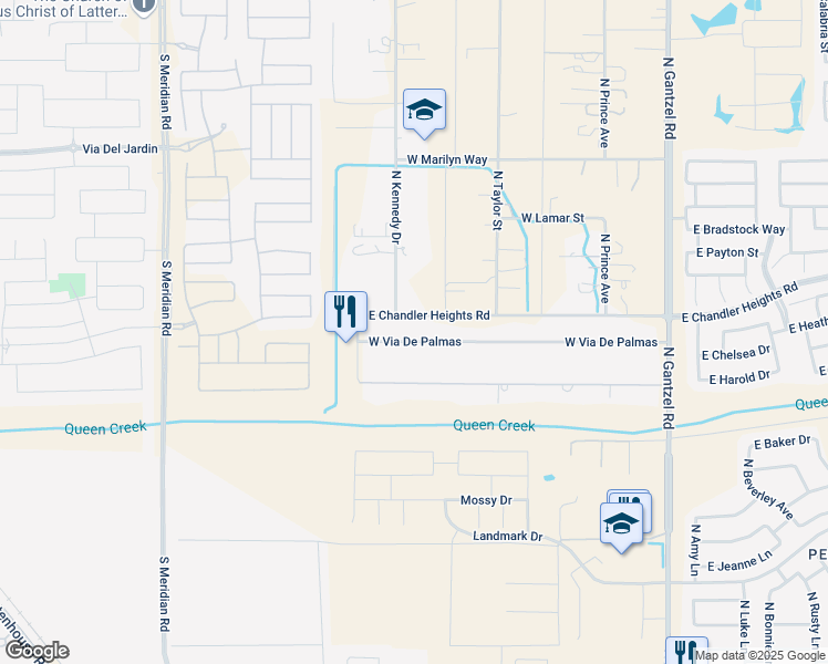 map of restaurants, bars, coffee shops, grocery stores, and more near 1010 West Via De Palmas in Queen Creek