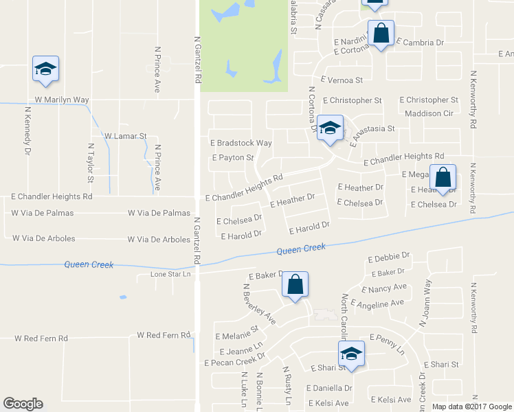 map of restaurants, bars, coffee shops, grocery stores, and more near 579 East Heather Drive in Queen Creek