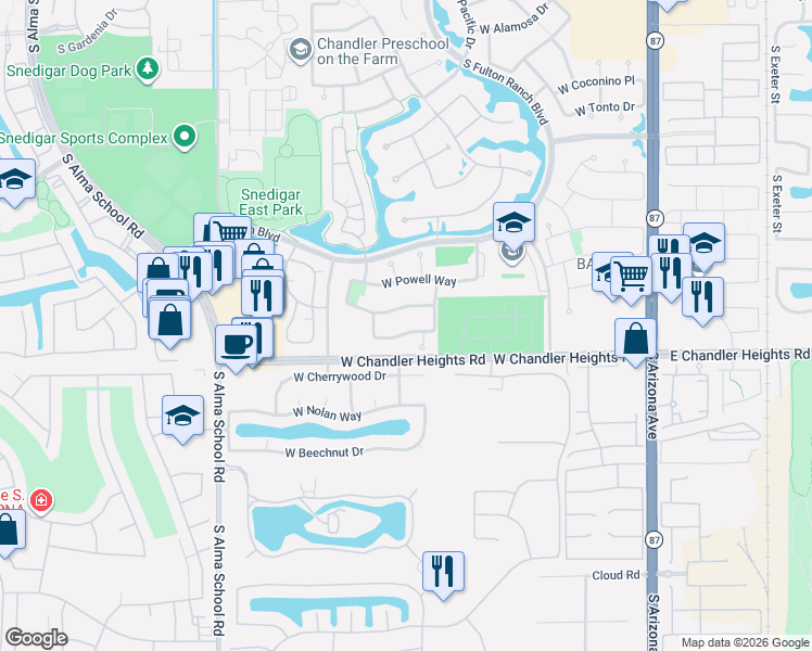 map of restaurants, bars, coffee shops, grocery stores, and more near 624 West Bartlett Way in Chandler