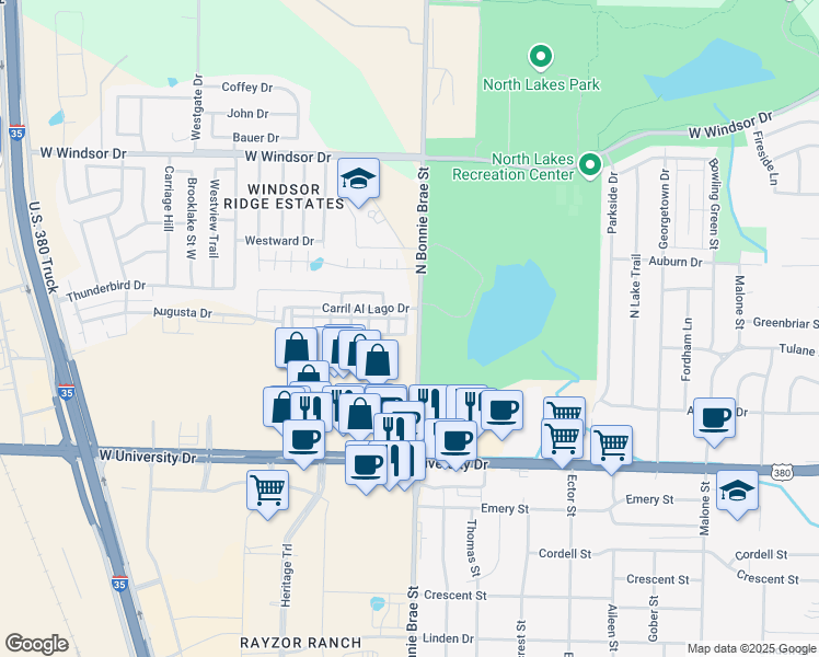 map of restaurants, bars, coffee shops, grocery stores, and more near 2004 Ladera Lane in Denton