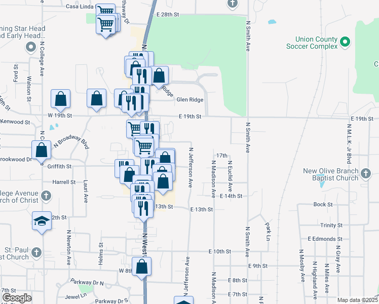 map of restaurants, bars, coffee shops, grocery stores, and more near 3618 North Jefferson Avenue in El Dorado