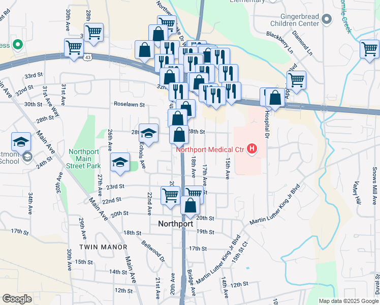 map of restaurants, bars, coffee shops, grocery stores, and more near 1803 27th St in Northport