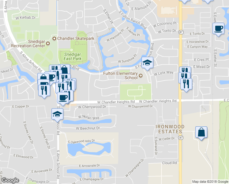 map of restaurants, bars, coffee shops, grocery stores, and more near 624 West Bartlett Way in Chandler