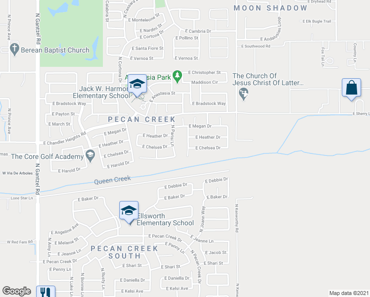 map of restaurants, bars, coffee shops, grocery stores, and more near 39088 North Dusty Drive in Queen Creek