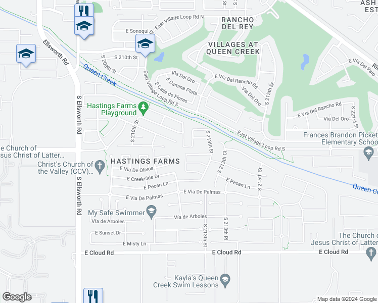 map of restaurants, bars, coffee shops, grocery stores, and more near 21222 East Cherrywood Drive in Queen Creek