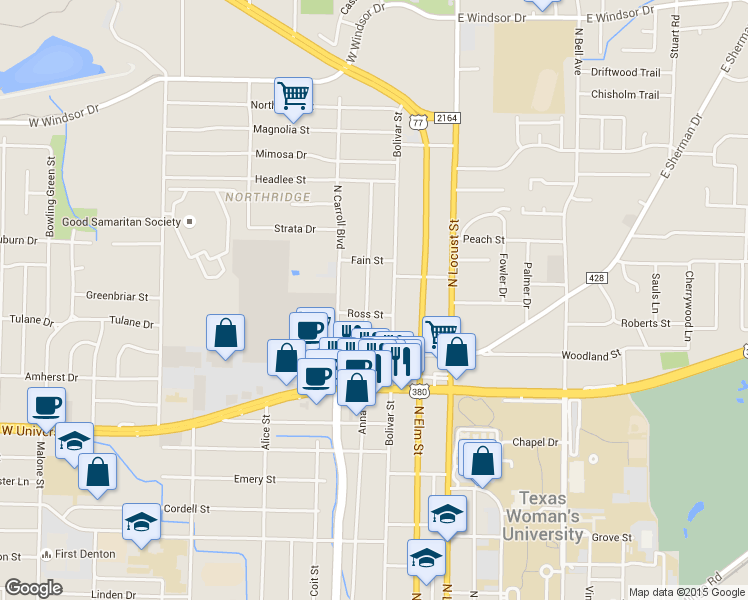 map of restaurants, bars, coffee shops, grocery stores, and more near 2212 Denison Street in Denton