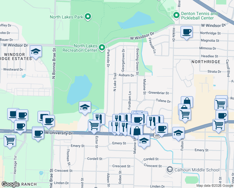 map of restaurants, bars, coffee shops, grocery stores, and more near 2000 North Lake Trail in Denton