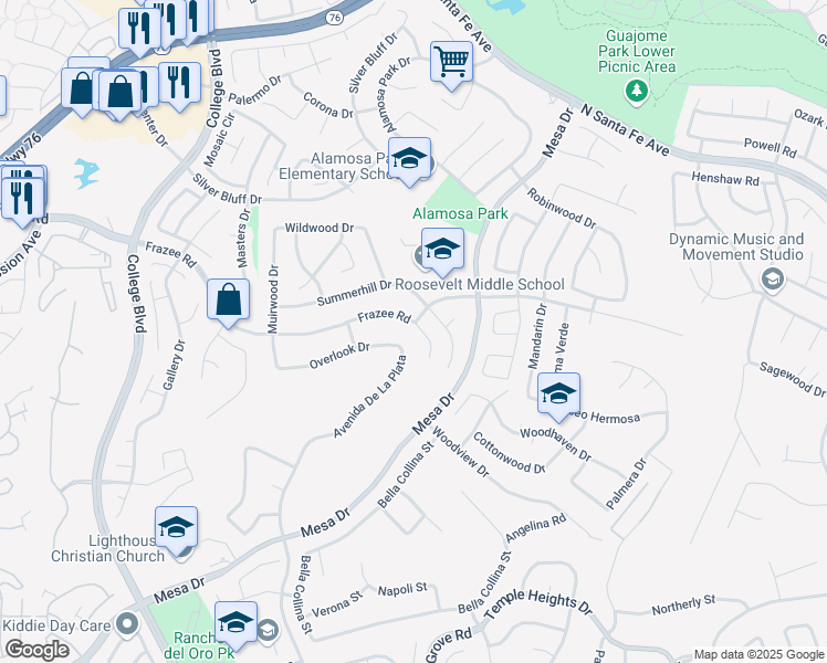 map of restaurants, bars, coffee shops, grocery stores, and more near 5107 Frazee Road in Oceanside
