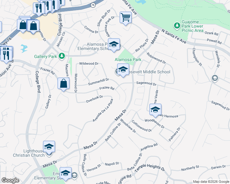 map of restaurants, bars, coffee shops, grocery stores, and more near 5107 Frazee Road in Oceanside