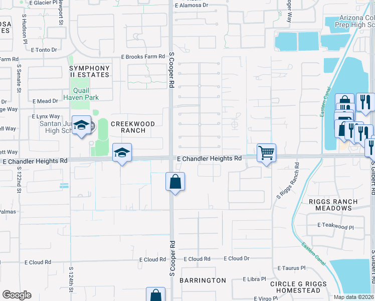 map of restaurants, bars, coffee shops, grocery stores, and more near 2063 East Bartlett Place in Chandler