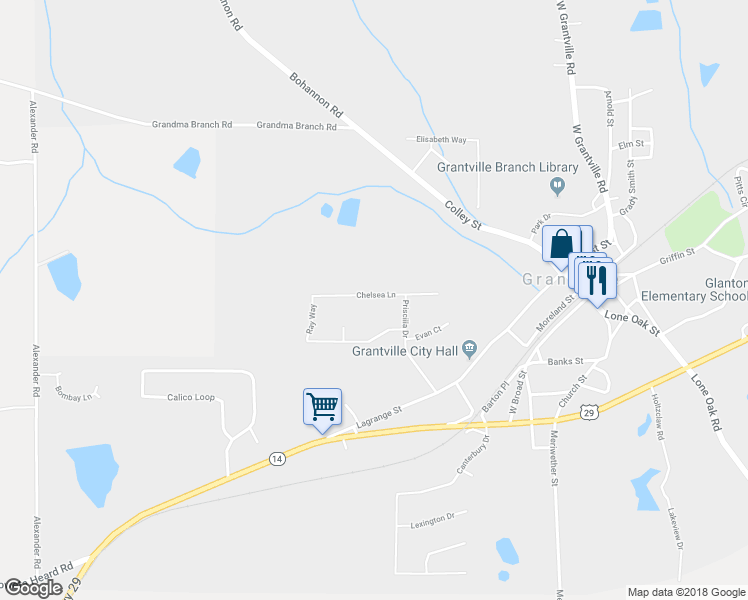 map of restaurants, bars, coffee shops, grocery stores, and more near 21 Chelsea Lane in Grantville