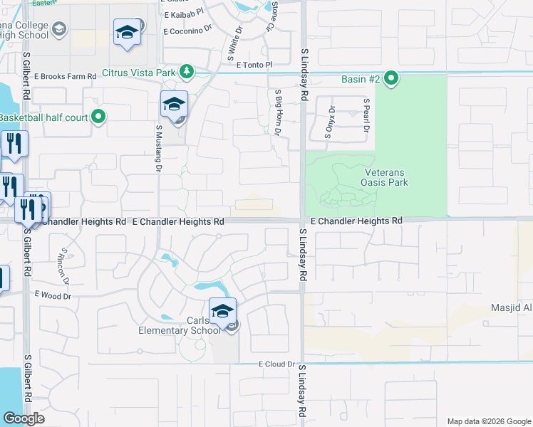 map of restaurants, bars, coffee shops, grocery stores, and more near 5010 South Pinaleno Place in Chandler
