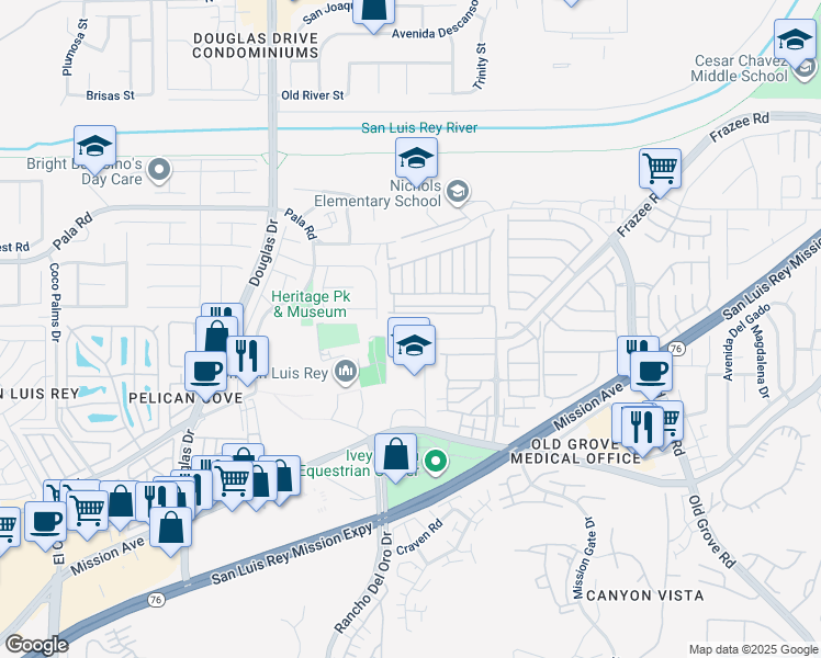 map of restaurants, bars, coffee shops, grocery stores, and more near 4152 Mission Avenue in Oceanside