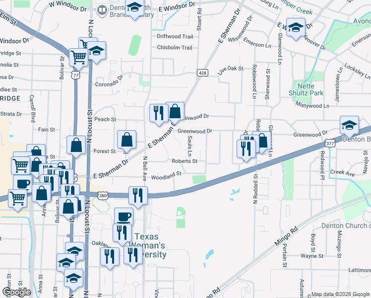 map of restaurants, bars, coffee shops, grocery stores, and more near 2017 Sauls Lane in Denton