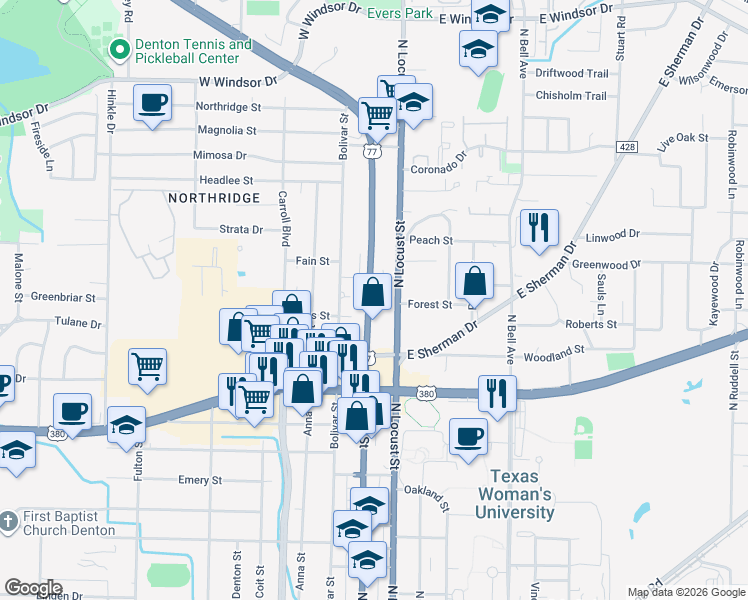 map of restaurants, bars, coffee shops, grocery stores, and more near 2201 North Locust Street in Denton