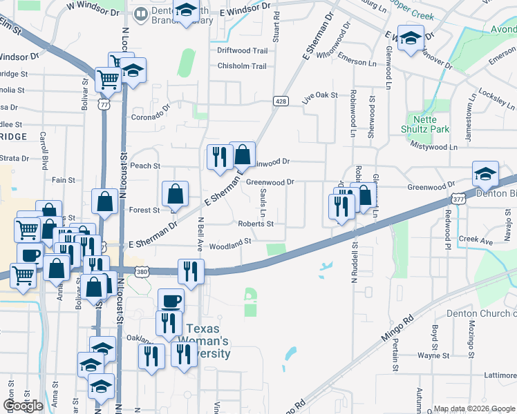 map of restaurants, bars, coffee shops, grocery stores, and more near 2017 Sauls Lane in Denton