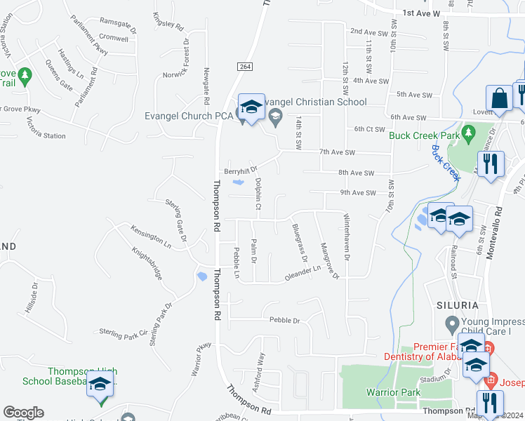 map of restaurants, bars, coffee shops, grocery stores, and more near 104 Dolphin Court in Alabaster
