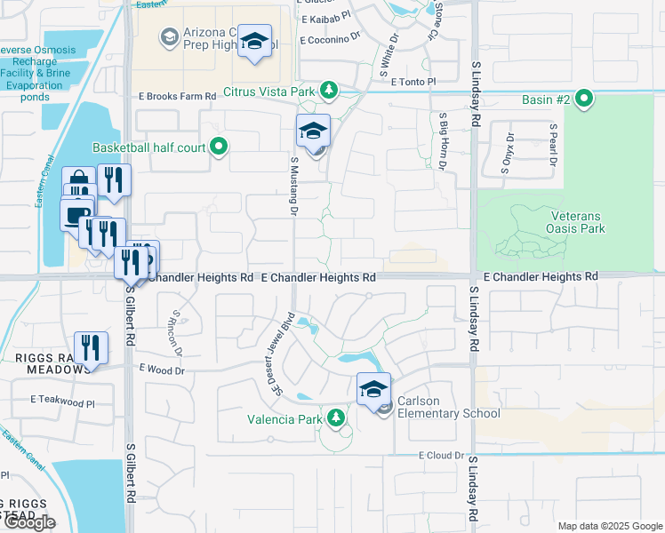 map of restaurants, bars, coffee shops, grocery stores, and more near 4960 South Huachuca Place in Chandler