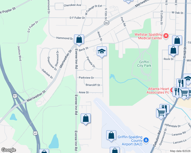 map of restaurants, bars, coffee shops, grocery stores, and more near 1109 Parkview Drive in Griffin