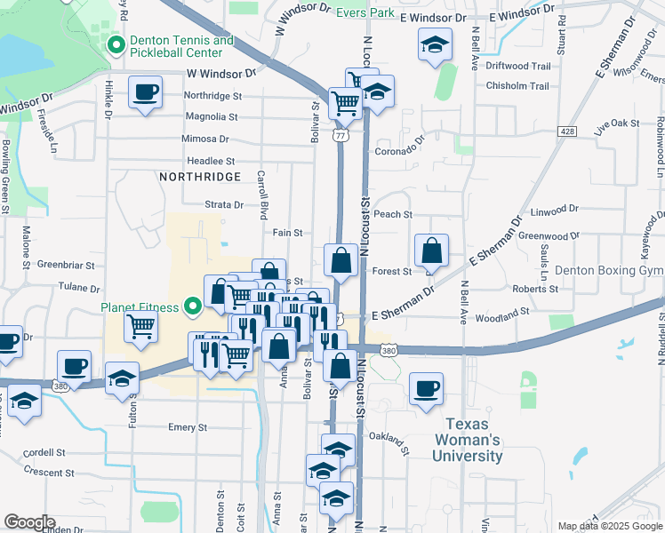 map of restaurants, bars, coffee shops, grocery stores, and more near 2207 North Elm Street in Denton