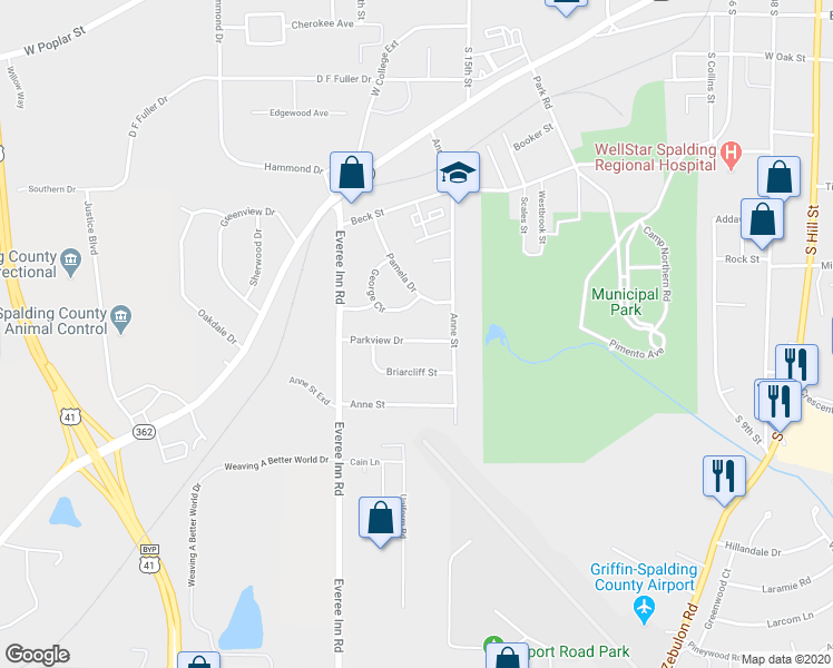 map of restaurants, bars, coffee shops, grocery stores, and more near 1111 Parkview Drive in Griffin