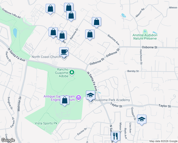 map of restaurants, bars, coffee shops, grocery stores, and more near 2167 North Santa Fe Avenue in Vista