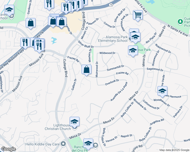 map of restaurants, bars, coffee shops, grocery stores, and more near 797 Muirwood Drive in Oceanside