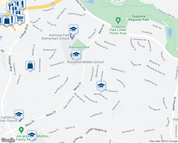 map of restaurants, bars, coffee shops, grocery stores, and more near 5143 Baywood Circle in Oceanside
