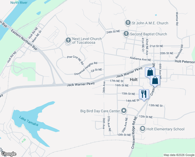 map of restaurants, bars, coffee shops, grocery stores, and more near 3427 Pine Crest Road in Tuscaloosa