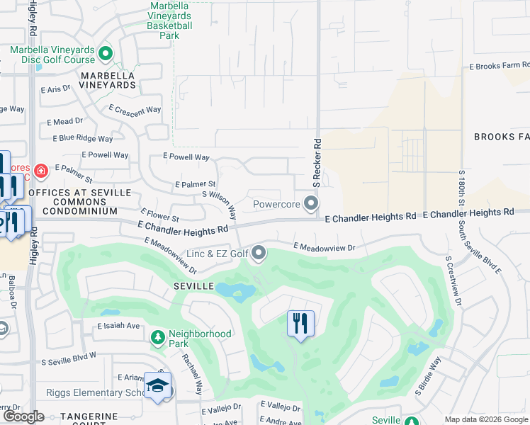 map of restaurants, bars, coffee shops, grocery stores, and more near 3851 East Flower Street in Gilbert