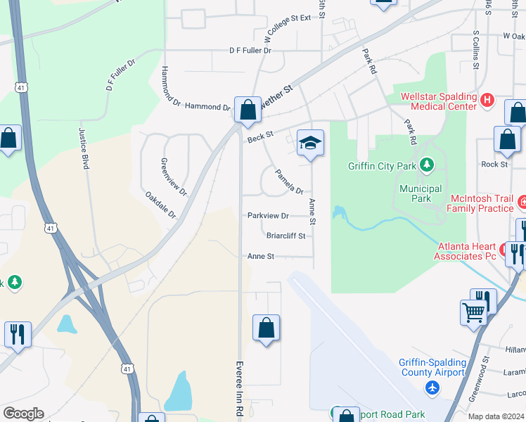 map of restaurants, bars, coffee shops, grocery stores, and more near 1125 Parkview Drive in Griffin