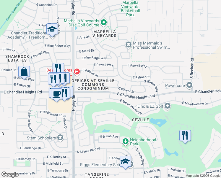map of restaurants, bars, coffee shops, grocery stores, and more near 3447 East Flower Street in Gilbert