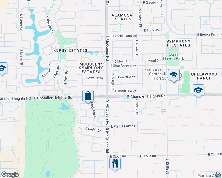 map of restaurants, bars, coffee shops, grocery stores, and more near 4960 South Springs Drive in Chandler