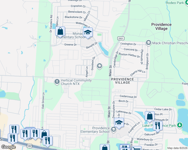 map of restaurants, bars, coffee shops, grocery stores, and more near 9316 Westminster Drive in Denton County