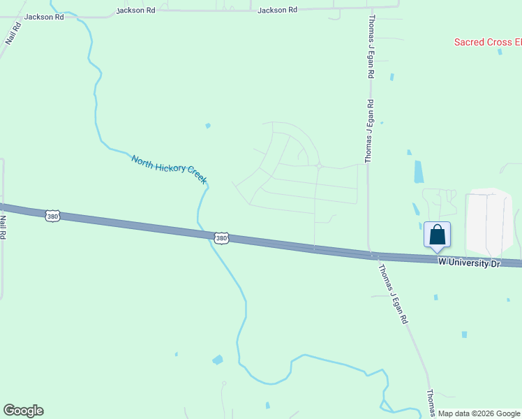 map of restaurants, bars, coffee shops, grocery stores, and more near West University Drive in Krum