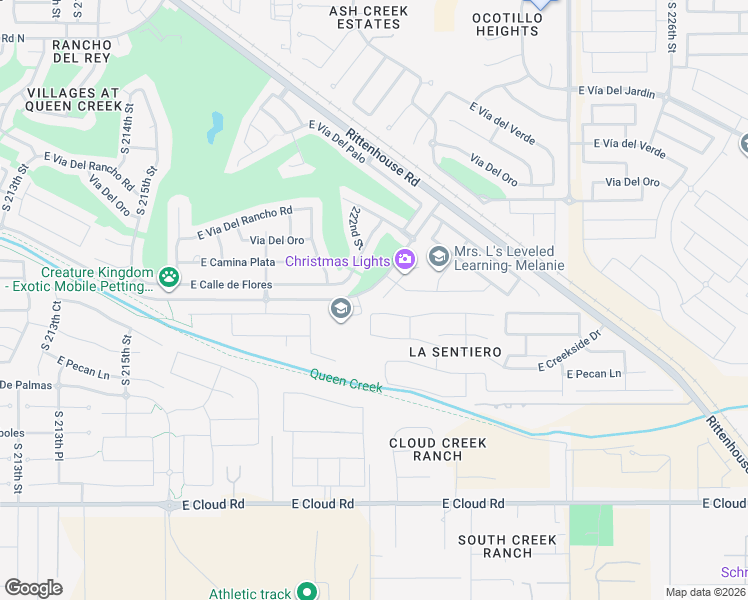 map of restaurants, bars, coffee shops, grocery stores, and more near 23596 South 223rd Court in Queen Creek