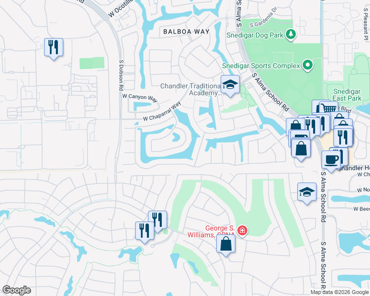 map of restaurants, bars, coffee shops, grocery stores, and more near 1671 West Lynx Way in Chandler