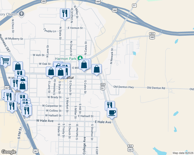 map of restaurants, bars, coffee shops, grocery stores, and more near 509 East Main Street in Decatur