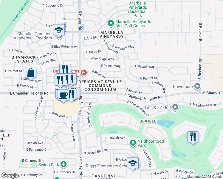 map of restaurants, bars, coffee shops, grocery stores, and more near 3413 East Flower Street in Gilbert