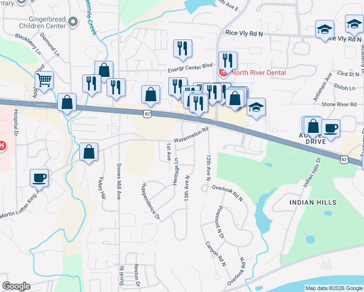 map of restaurants, bars, coffee shops, grocery stores, and more near 1404 Bariwood Drive in Tuscaloosa