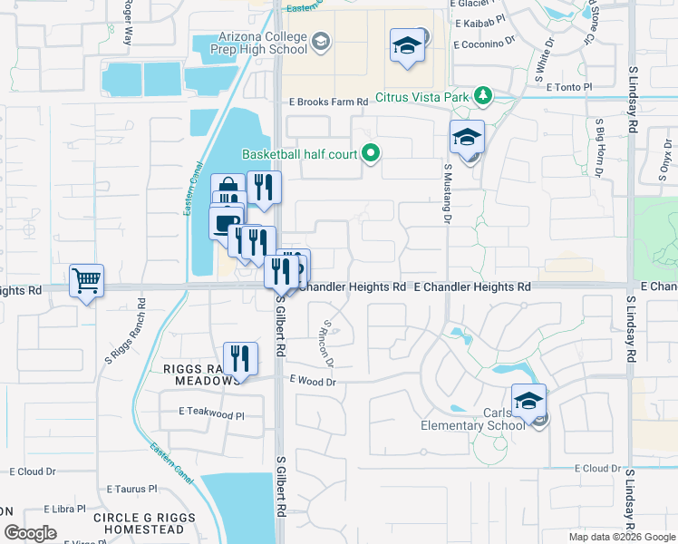 map of restaurants, bars, coffee shops, grocery stores, and more near 4981 South Rincon Drive in Chandler